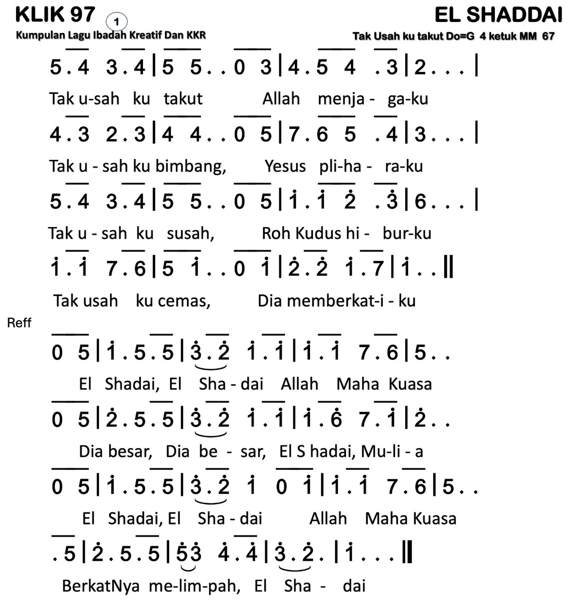 Partitur Chord KLIK 97 (anotasi di atas partitur polos)