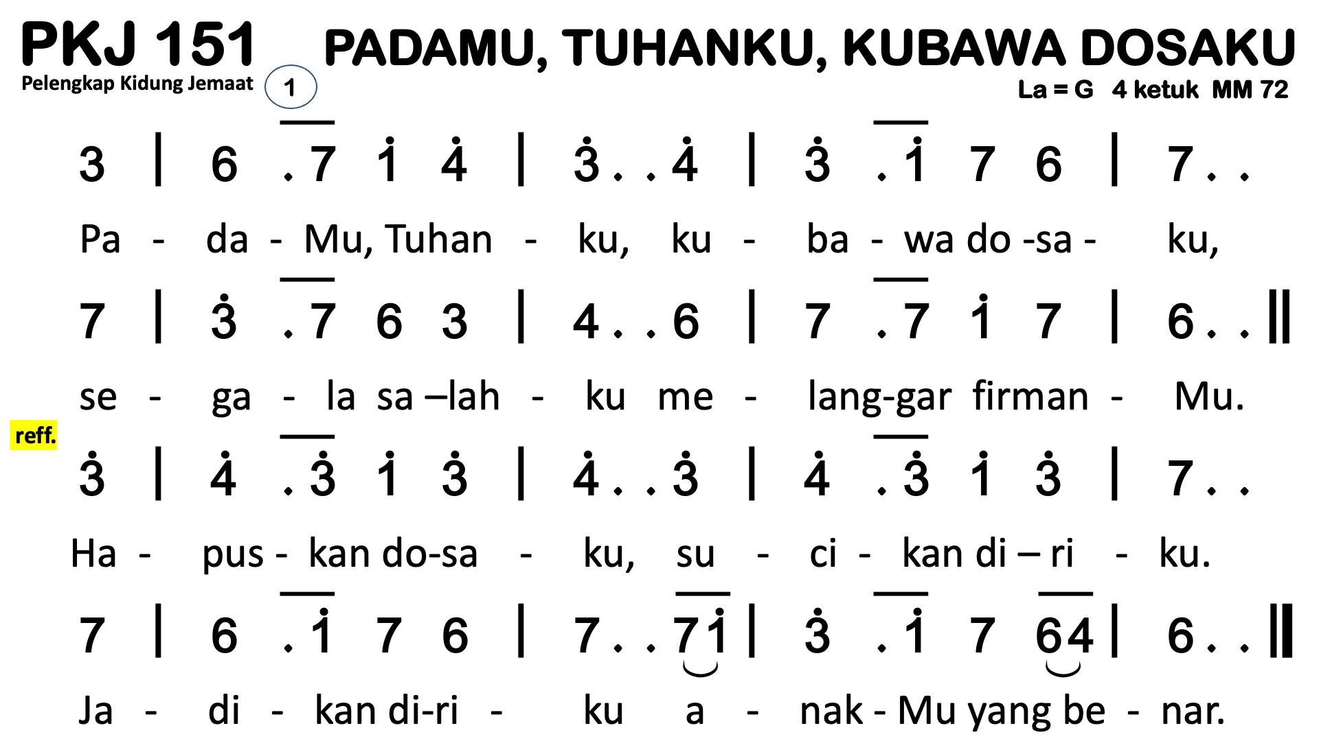 Partitur Chord PKJ 151 (anotasi di atas partitur polos)