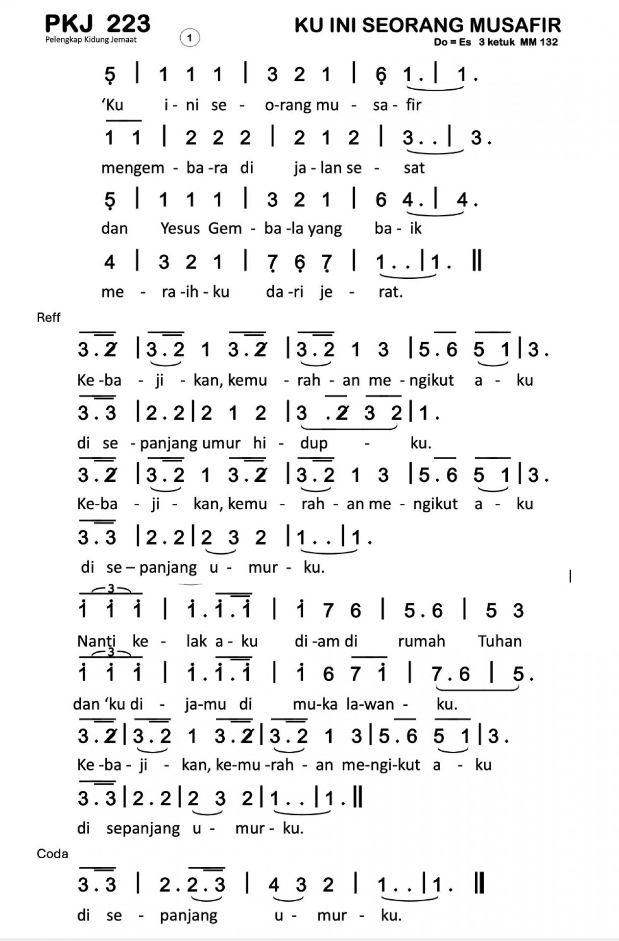 Partitur Chord PKJ 223 (anotasi di atas partitur polos)